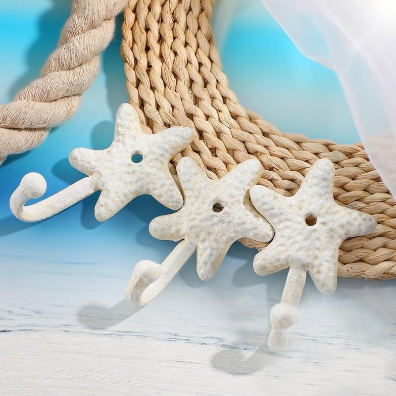 Newnessai 3Pcs Decorative Hooks, Cast Iron Star Fish Beach Themed