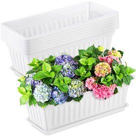 18 Pack Window Planter Box 17 Inches White Planter Boxes Plastic Rectangle Vegetable Flower Planter Boxes with Tray Indoor and Outdoor Flower Pots for Windowsill, Patio, Porch, Garden, Balcony