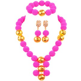 aczuv Simulated Pearl Set Jewelry Nigerian Wedding African Beads Women Jewelry Set (Fuchsia Pink)