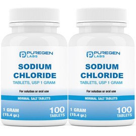 Puregen Labs Sodium Chloride Tablets 1 gm (1000 mg), USP | (15.4gr.) | Normal Salt Tablets | Made in USA | Electrolytes Replenisher Hydration Drink | 2 Pack - 200 Tablets Total