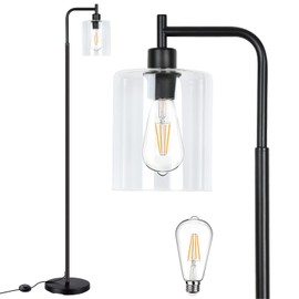 DLLT Modern Black Floor Lamp, Metal Industrial StandingLamp with Plug In, Farmhouse Reading Tall Pole Light with Glass Shade, for Living Room Office Bedroom Reading, E26 Base, Bulb Included
