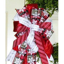 Handmade 10 " RED PLAID w FLOCKED GLITTER SNOWFLAKES WIRED BOW for DOOR WREATH # 139 rb