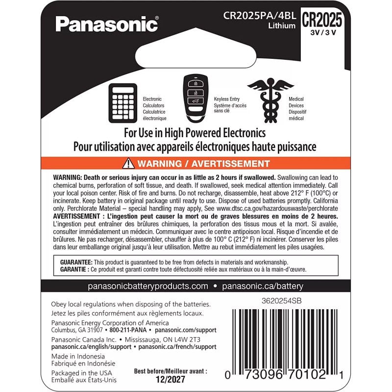 Panasonic CR2025 3.0 Volt Long Lasting Lithium Coin Cell Batteries