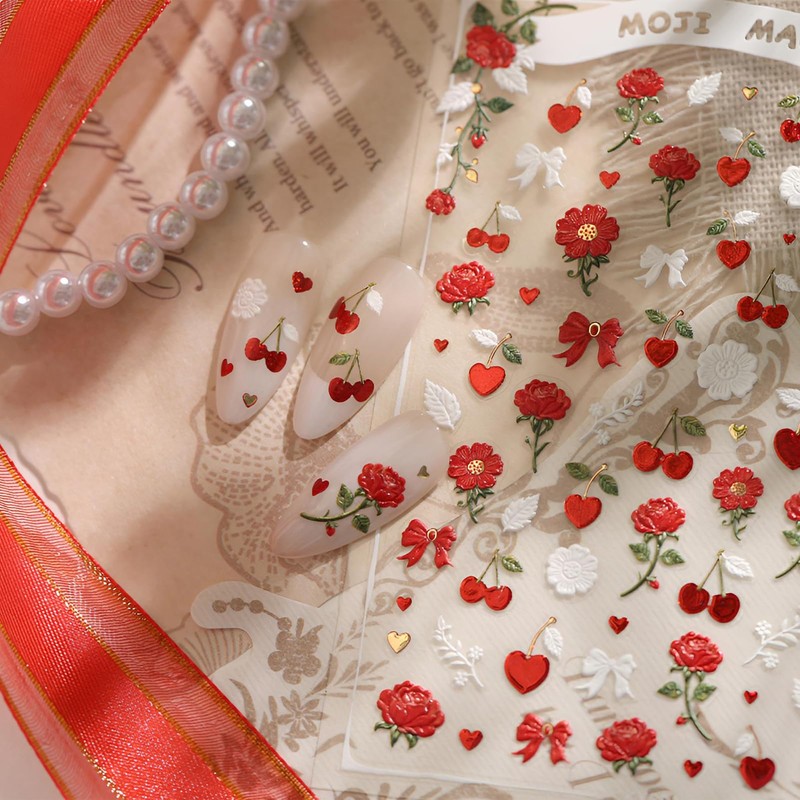 5D Embossed Rose Nail Stickers, Vintage French Cherry Bow Self-Adhesive