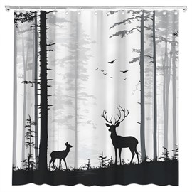 Rustic Cabin Deer Shower Curtain Silhouette of Pine Forest Family Elk and Birds Foggy Forest Wildlife Hunting Mountain Lodge Country Farmhouse Bath Curtain Fabric Bathroom Accessories Decor with Hooks