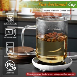 DRASTAR Glass Coffee Cups, 20 oz Large Coffee Mugs, Flat Bottomed Cups with Acacia Wood Lid, Glass Tea Cup with Handle, ClearTea Cup Set of 2