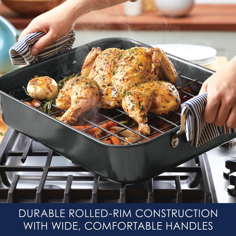 Rachael Ray Bakeware Nonstick Roaster/Roasting Pan with Reversible Rack, 16.5