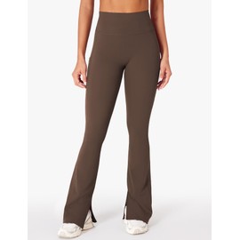 YEOREO Women Mini Flare Split Hem Leggings with Pockets Tummy Control Workout Leggings Anilnia Hidden Scrunch Gym Yoga Pants Coffee