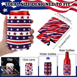 Pickmesh 16 Pcs 4th of July Can Coolers Sleeves Patriotic America Slim Soda Beer Drink Cooler Sleeve Independence Day Memorial Day Insulated Neoprene Bottle Cup Drink(Short Style,5.12 x 3.94 Inches)