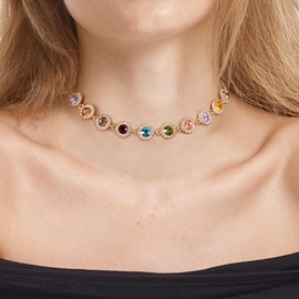 Clearine Colourful Costume Crystal Choker Necklace for Women, Multicolour Rhinsetone Gold Plated Chain Necklace Prom Party Jewellery