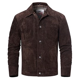 FLAVOR Men's Suede Leather Jacket Trucker Coat (Large, Dark Brown)