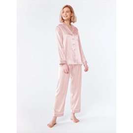 SIORO Womens Pajama Sets Silk PJ Satin Pijamas Two Piece Pants Set Sleepwear Loungewear PJS Plus Size, Shell Pink, X-Large