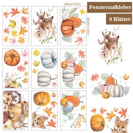 KASURE 9 Blatt Thanksgiving Fenster Dekorationen, 20 * 30cm Herbst Fensteraufkleber Kürbis/Blätter/Elch/Wölfe, Thanksgiving Herbstdeko Fensteraufkleber Für Zuhause/Büro/Cafés