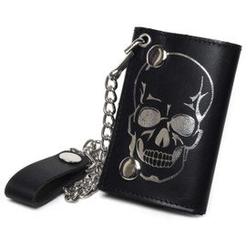 Leatherboss Genuine Leather Trifold Cool Skull Biker Chain Credit Card Cash with ID Holder Wallet