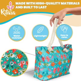 Ritalia Large Beach Bag XXL Family Size Waterproof Beach Tote with Zip Closure, Turquoise