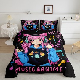 Erosebridal Pink Anime Girl Twin Bedding Set,Music Note Comforter Set Anime Gifts for Kids Teen Girls,Musical Themed Quilt Bed Set Japanese Anime Bedding Comforter Sets,1 Pillowcase Room Decor