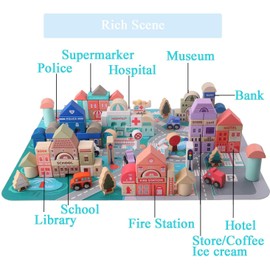 UMBWORLD 115 Pcs Wooden Building Blocks Toy Set for Kids, City Construction Stacker Stacking Preschool Learning Educational Toys Gifts for 3+ Boy Girl Toddler