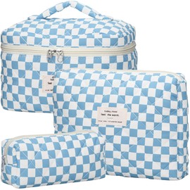 TESAFNG Quilted Makeup Bag Set - 3 PCS Cute Floral Cotton Makeup Bag, Large Coquette Aesthetic Make up Cosmetic Bag, Flower Travel Toiletry Organizer Bags for Women Girls (Checkered Blue)
