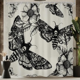 LGhtyro Black Skull Moth Shower Curtain Bathroom Set 71Wx71H Inches Vintage Gothic Scary Retro Flower Floral Botanical Leaves Butterfly Bath Accessories Mysterious Art Home Decor Fabric 12 Pack Hooks