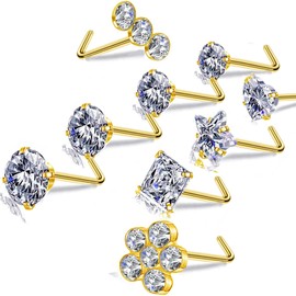 Carperton Nose Rings Studs L Nose Rings Screw Nose Rings Nose Bone Studs for Women 18g 20g 22g 14K Gold Plated, Stainless Steel, cubic zirconia