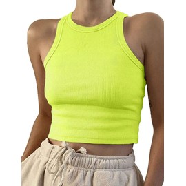 Artfish Women Casual Basic Sleeveless High Neck Rib-Knit Front Racerback Crop Tank Top Neon Lime Green, S