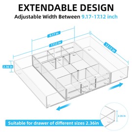Marbrasse Acrylic Expandable Drawer Organizer, Clear Desk Drawer Organizer Tray with 5 Dividers, Desk Organizers and Accessories, 10 Adjustable Compartments for Office Supplies, Makeup & Vanity