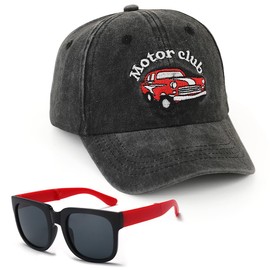 HOXSNII Auto Baseballkappe für Kinder, 2PCS Baseball Cap und Sonnenbrille Set Snapback Hüte Baseballmütze Sonnenschutz Kappe Verstellbar Sonnenhut Stickerei Sonnenmütze für Kinder (Schwarz)