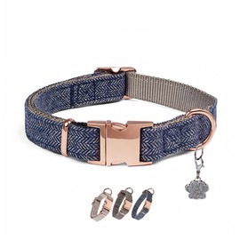 Elegance Dog Girl Collar Twil Cloth Collar!Stylish Dog Collar with Silver paw Charm Rose Gold Metal Buckle,Dog Collar Girl Comf Adjustable for Small to Medium Large Female Dogs (Brown Blue, Medium)