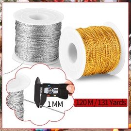 262 Yards/787 Feet Metallic Cord 2 Spool 1mm Metallic Thread String for Bracelet Jewelry Making Thread Gold Craft Making String Cord for Gift Wrapping Christmas Decorations