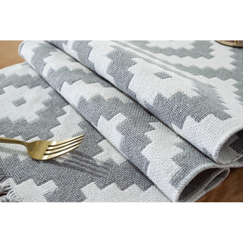 KnBoB Cotton Linen Beige Grey Geometric Puzzle Pattern with Tassels