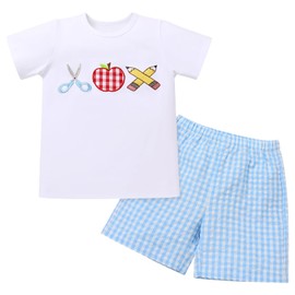 IMEKIS Back to School Outfits for Boy: First Day of School Outfit Boys Kindergarten Apple Shirt Top with Shorts Matching Sets Picture Day Outfits for School Toddler Kids Preschool Blue 5-6 Years
