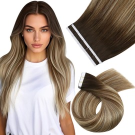 Moresoo Tape Extensions Real Hair Pack of 10 25 g / Pack, #4/6/613 Dark Brown to Chestnut Brown with Platinum Blonde Silky Hair Fashion Seamless Hair 55 cm