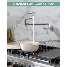 ALEASHA Solid Brass Pot Filler Faucet, Brushed Nickel Folding Kitchen Pot Filler Faucet One Hole, Wall Mount Pot Filler Faucet with 2 Handle Over Stove