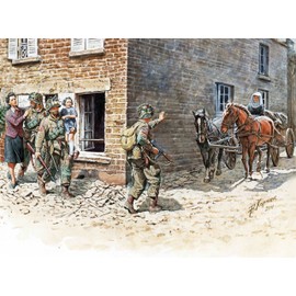 Master Box Models 1/35 "France 1944" - 5 Figures Set (3 U.S. Paratroopers, A Girl, Mother And Nun) With 2 Horses And French Telega