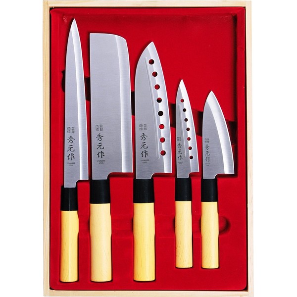 SUMIKAMA SP-005 Japanese Knife by Hidegeno, 5-Piece Set (Sashimi Knife, Nakiri Knife, Perforated Santoku Knife, Petty Knife, Small Blade Knife)