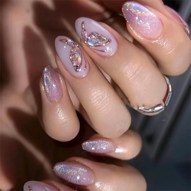 QQPPOLIU Lilac Purple Nails Press on Fake Nail Medium Length Almond Shape with Butterfly Designs Cute for Women 24pcs