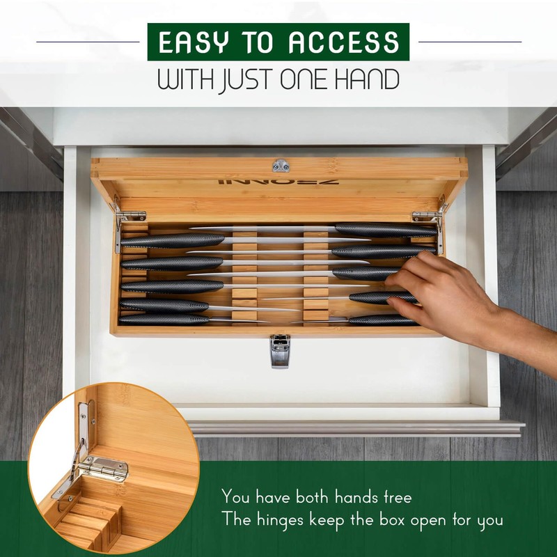 Bamboo Kitchen Knife Holder Lock Box - Knife Drawer Organizer