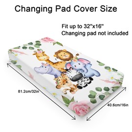 Jungle Safari Animals Tropical Leaves Flowers Changing Pad Cover Lion Elephant Zebra Giraffe Hippo Change Table Covers for Boys Girls Soft Stretchy Diaper Changing Mat Sheets Cover 32''x16''