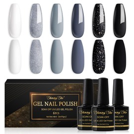 Shining She Shining She Nail Polishes Set, 6 Colours White Glitter Grey Black Gel Polish Set Soak-Off UV/LED Nail Polish Gel for Nail Art Salon DIY Home, 8ML