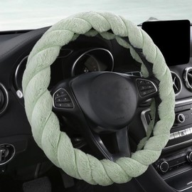 Twisted Fur Green Steering Wheel Cover, Plush Steering Wheel Cover, 38 cm Diameter, Fits Most Vehicles, Fuzzy Fluffy Car Steering Cover, Light Green