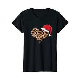 Womens Leopard Pattern Heart Santa Hat Christmas Office Party Women T-Shirt