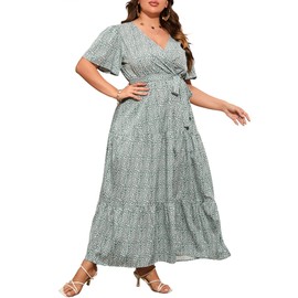 ShopWonder Womens Plus Size V Neck Wrap Maxi Dress High Waist Ruffle Summer Casual Dress with Belt Green Leopard Print 3XL