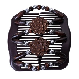 LOVEF Women Magic Hair Combs Wood Beaded Stretch Double Side Combs Clips Bun Maker Hair Accessories (Coffee)