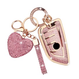 Car Key Case Cover with Diamond Bling Key Fob Made of Soft TPU, 4 Buttons, pink
