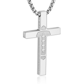 WINFY Football Cross Necklace for Boys Men Inspirational Christian Bible Verse Cross Pendant Stainless Steel Chain 20+2 inch Football Jewelry Religious Gift for Men(Silver 4-13)