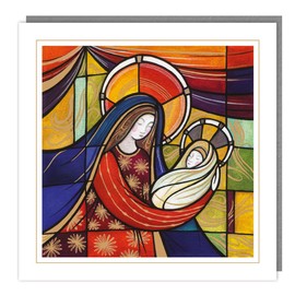 Baby Jesus and Mary Stained Glass Mural - Stunning Gold Foil Finished Eco-Friendly Premium Charity Pack of 5 Religious Christmas Cards - XPS145