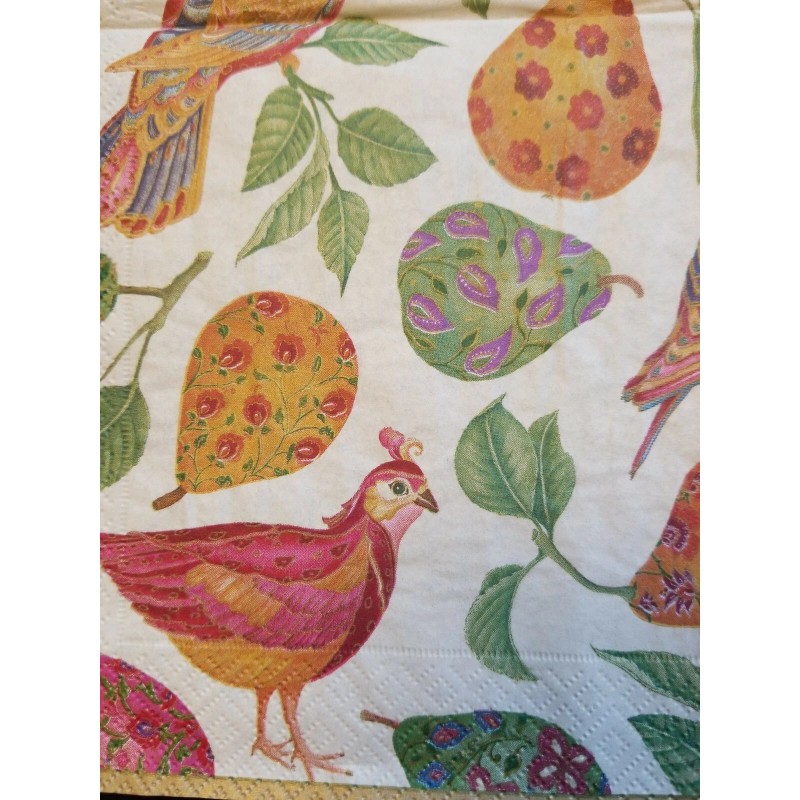 TWO Individual Napkins Birds Pears Ivory Cocktail for Decoupage (121