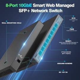 SODOLA 8-Port 10G Web Managed Switch,8X10G SFP+ Ports, Link Aggregation/QoS/VLAN/IGMP, Wall Mounted Fanless 10Gb Multi-gig Network Switch