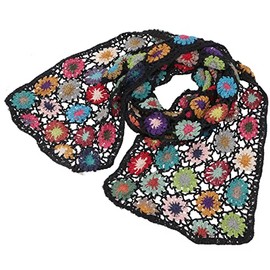 GURU SHOP Crochet Scarf with Colourful Flowers, Scarf, Men/Women, Black, Cotton, Size: One Size, black