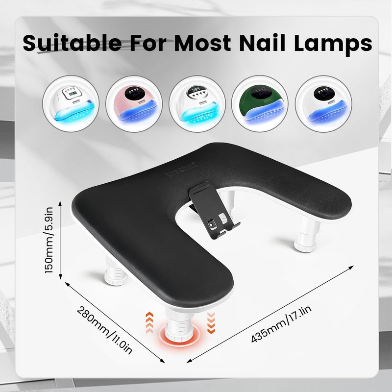 JODSONE U-Shaped Black Arm Rest for Nails Tech with Rotating